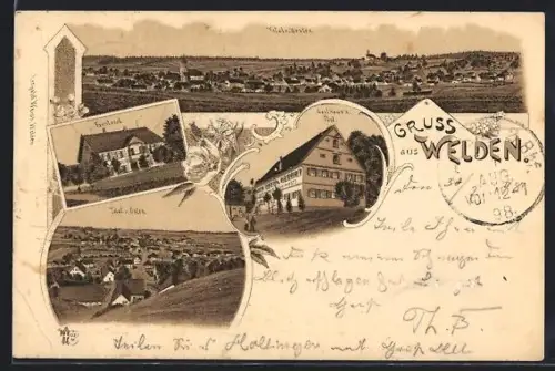 Lithographie Welden, Totalansicht, Forstamt, Gasthaus zur Post