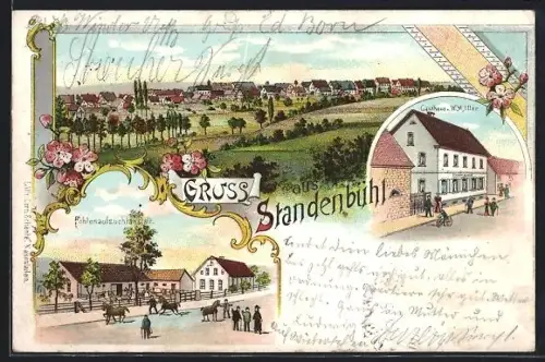 Lithographie Standenbühl, Gasthaus v. W. Müller, Fohlenaufzuchtsanstalt