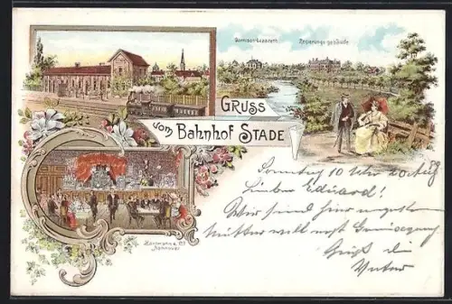 Lithographie Stade, Bahnhof mit Eisenbahn, Garnison-Lazareth und Regierungsgebäude