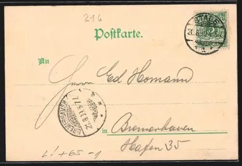 Lithographie Stade, Bahnhof mit Eisenbahn, Garnison-Lazareth und Regierungsgebäude