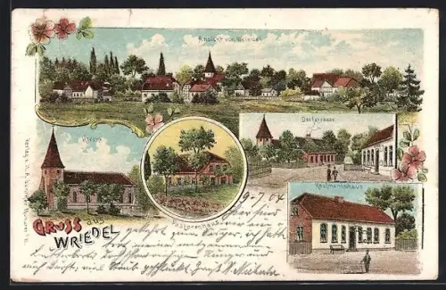 Lithographie Wriedel, Kaufmannshaus, Dorfstrasse, Pastorenhaus, Kirche und Ortsansicht