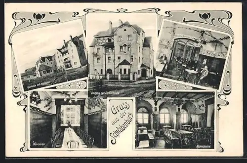 AK Pfersee, Gasthaus zur Schwabenburg, Innenansichten Weinzimmen, Gastzimmer, Nebenzimmer