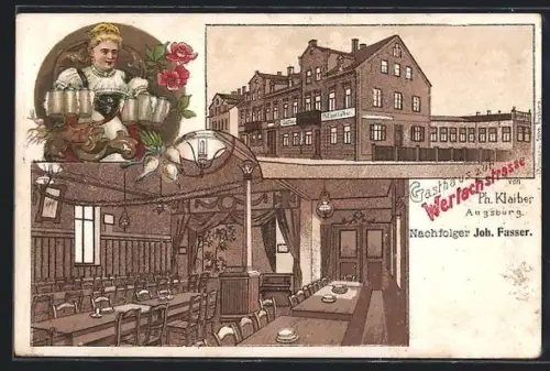 Lithographie Augsburg, Gasthaus zur Wertachstrasse von Ph. Klaiber