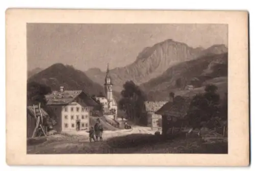 Fotografie Max Ravizza, München, Ansicht Ramsau, Blick aus dem Ort mit Kirche, nach einem Gemälde