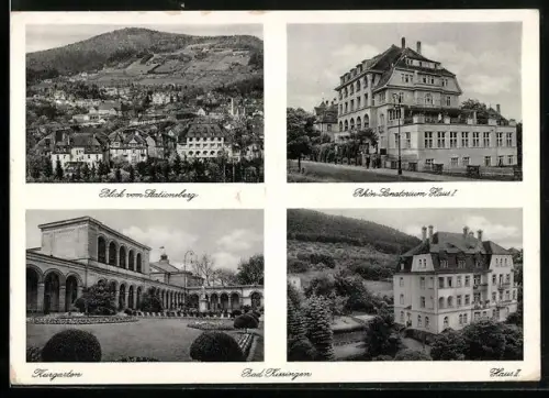 AK Bad Kissingen, Blick vom Stationsberg, Rhön-Sanatorium Haus I und II, Kurgarten