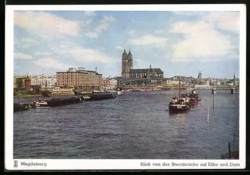 AK Magdeburg, Elbpartie mit Schiffen und Dom