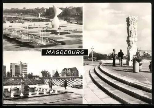 AK Magdeburg, Collage mit Brunnen und Kunstwerken in der Promenade der Völkerfreundschaft