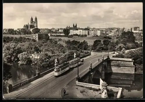 AK Magdeburg, Blick über den Zollhafen mit Strassenbahnen