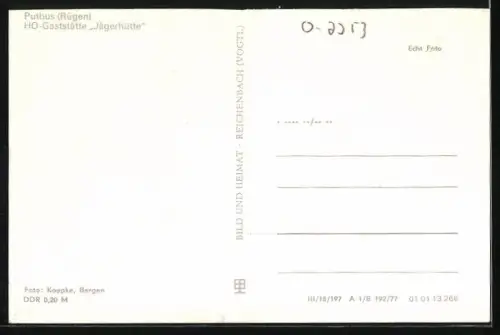 AK Putbus /Rügen, HO-Gaststätte Jägerhütte, Aussenansicht mit Geweih an der Häuserwand