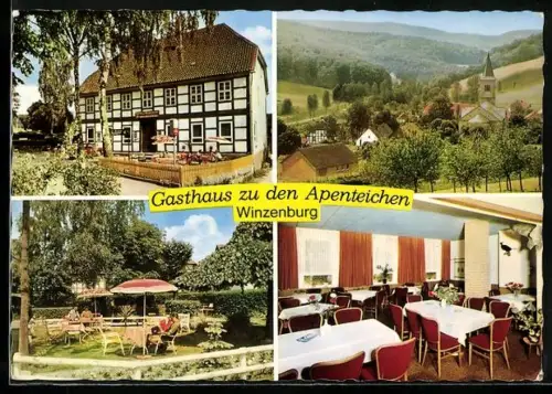 AK Winzenburg bei Alfeld, Gasthaus zu den Apenteichen mit Terrasse und Innenansicht, Ortsansicht