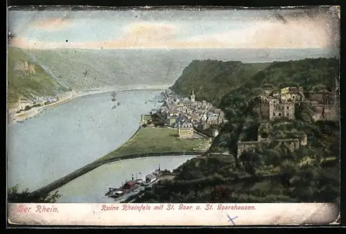 AK St. Goar /Rhein, Vogelschau auf die Orte und den Rhein