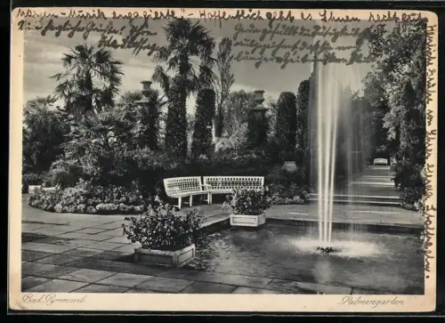 AK Bad Pyrmont, Palmengarten mit Bänken und Fontäne