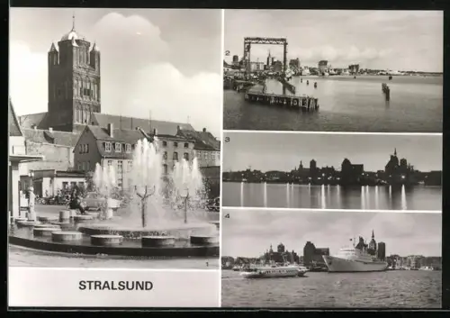 AK Stralsund, Waasserpiele an der Ossenreyer Strasse, Blick von Rückendammbrücke und Blick auf den Hafen