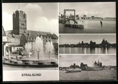 AK Stralsund, Wasserspiele an der Ossenreyer Strasse, Blick von Rügendammbrücke und Blick auf Hafen