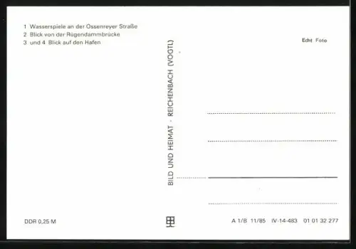 AK Stralsund, Wasserspiele an der Ossenreyer Strasse, Blick von Rügendammbrücke und Blick auf Hafen