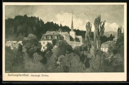 Künstler-AK Schnepfenthal /Gotha, Blick auf die Salzmannschule