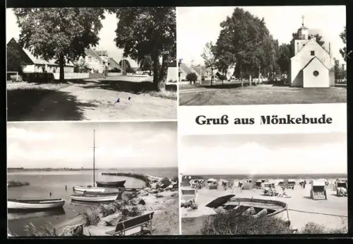 AK Mönkebude, Dorfstrasse, Kirchpartie, Hafenpartie, Partie am Badestrand