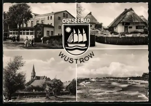 AK Wustrow / Ostseebad, Hotel, Kirche und Strand