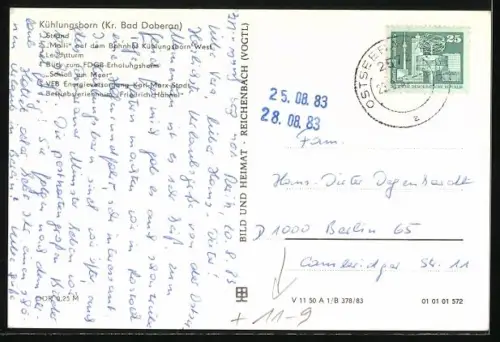 AK Kühlungsborn /Bad Doberan, FDGB-Erholungsheim Schloss am Meer, Strand, Kleinbahn Molli auf dem Bahnhof, Leuchtturm