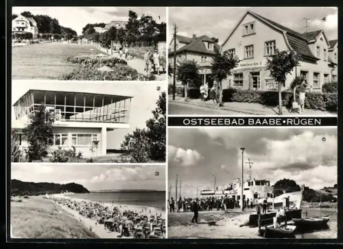 AK Baabe, HO-Gaststätte Inselparadies, Strand, FDGB-Erholungsheim Mathias-Thesen-Heim, Dampferanlegestelle