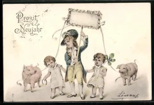 AK Kinder und Schweine, Aufzug mit Schild, Hufeisen und Glücksklee, Neujahrsgruss