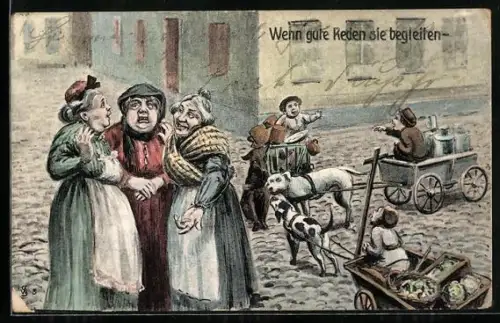 AK Tratschende Milch- und Gemüseverkäuferinnen mit Kindern u. Hundegespannen
