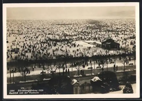 AK Zürich, Zugfrorener Zürichsee im Jahr 1929, von der Tonhalle gesehen