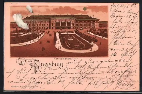 Lithographie Strassburg, Centralbahnhof mit Vorplatz