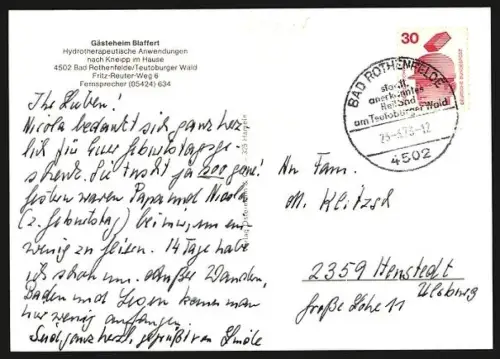 AK Bad Rothenfelde, Gästeheim Blaffert, Fritz-Reuter-Weg 6, mit Innenansichten, Gartenansicht