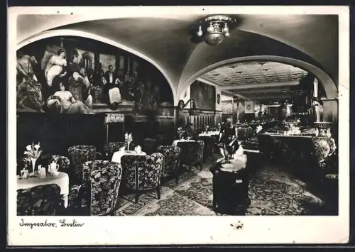 AK Berlin, Kaffeehaus Imperator, Innenansicht mit Wandgemälde und Sitzgruppen, Friedrich-Mohren-Strasse
