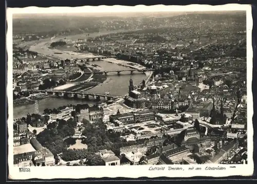 AK Dresden, Luftbild mit den Elbbrücken