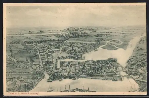 AK Rendsburg, Stadtansicht mit Hafen und Kanalanlagen