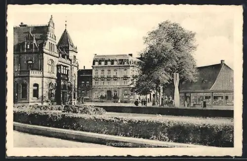 AK Rendsburg, Jungfernstieg mit Anlage und Geschäft