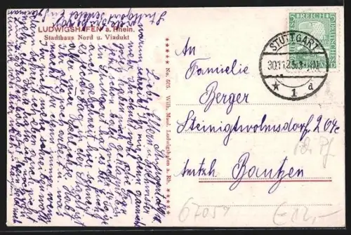 AK Ludwigshafen a. Rhein, Stadthaus Nord u. Viadukt, Strassenbahnen, Eisenbahn