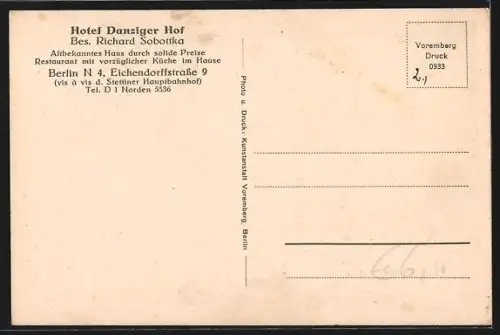 AK Berlin, Hotel Danziger Hof Richard Sobottka, Eichendorffstrasse 9, Frühstückszimmer mit Durchblick