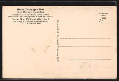AK Berlin, Hotel Danziger Hof Richard Sobottka, Eichendorffstrasse 9, Frühstückszimmer