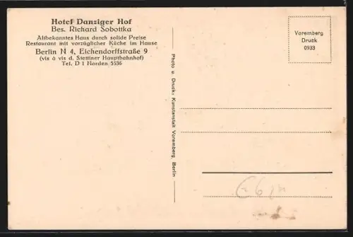 AK Berlin, Hotel Danziger Hof Richard Sobottka, Eichendorffstrasse 9, Innenansicht Frühstückszimmer