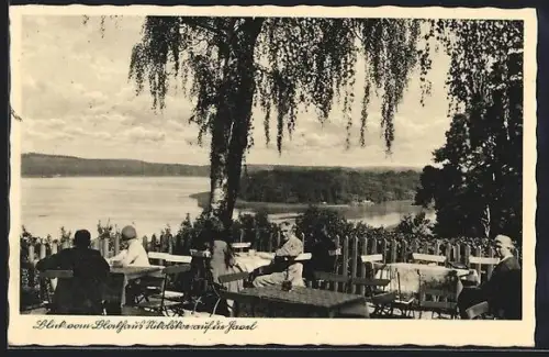 AK Berlin-Wannsee, Restaurant Blockhaus Nikolskoe, Terrasse mit Blick auf die Havel