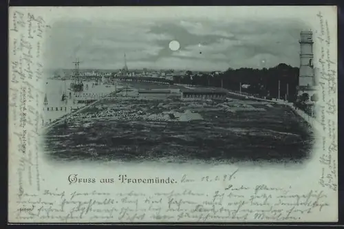 Mondschein-AK Travemünde, Hafen mit Ortspanorama aus der Vogelschau