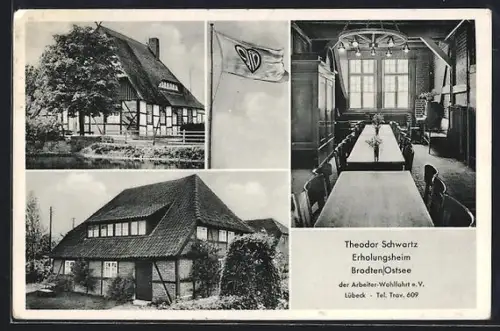 AK Brodten /Ostsee, Erholungsheim Theodor Schwartz der AWO Lübeck, Gebäude, Speisesaal, Fahne