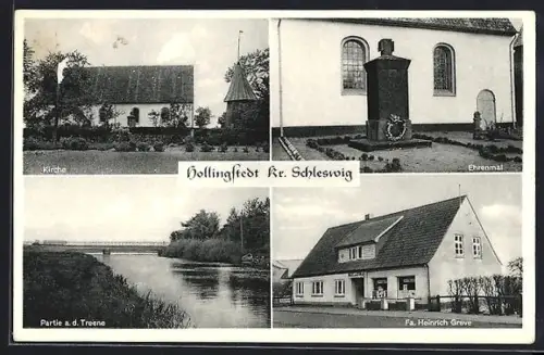 AK Hollingstedt /Schleswig, Kirche, Ehrenmal, Partie a. d. Treene, Geschäft Heinrich Greve