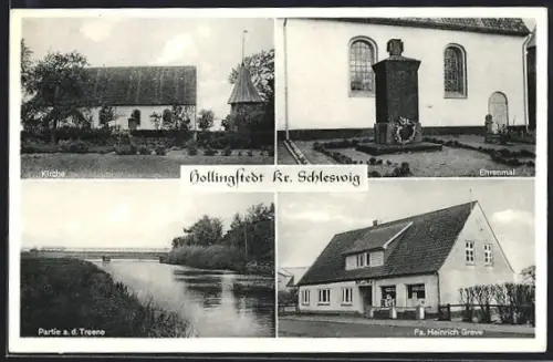 AK Hollingstedt /Schleswig, Kirche, Ehrenmal, Geschäft Heinrich Greve, Partie an der Treene
