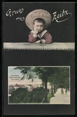 Grusskarten-AK Zeitz, Promenade mit Blick nach der Unterstadt, Kleiner Junge im Matrosenanzug