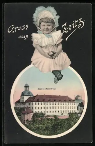 Grusskarten-AK Zeitz, Schloss Moritzburg, Lachendes kleines Mädchen