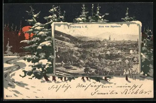 Grusskarten-AK Freiburg i. B., Blick vom Jägerhaus, Verschneiter Wald bei Nacht