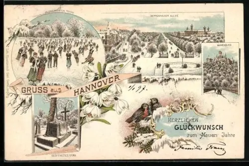 Winter-Lithographie Hannover, Georgengarten Teiche, Herrenhauser Allee, Marienburg