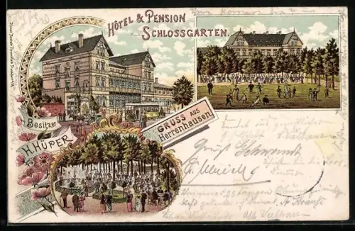 Lithographie Herrenhausen, Schlossgarten mit Gästen um 1900