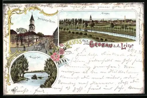 Lithographie Gronau a. d. Leine, Marktplatz und Kirche, Wasserfall, Ortsansicht