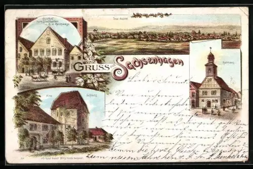 Lithographie Sachsenhagen, Gasthof Zum Stadtkeller, Alies Schloss, Rathaus