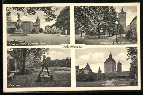 AK Bernau / Mark, Ortsansichten, Kriegerdenkmal u St. Marienkirche, Ehrenmal, Pulverturm